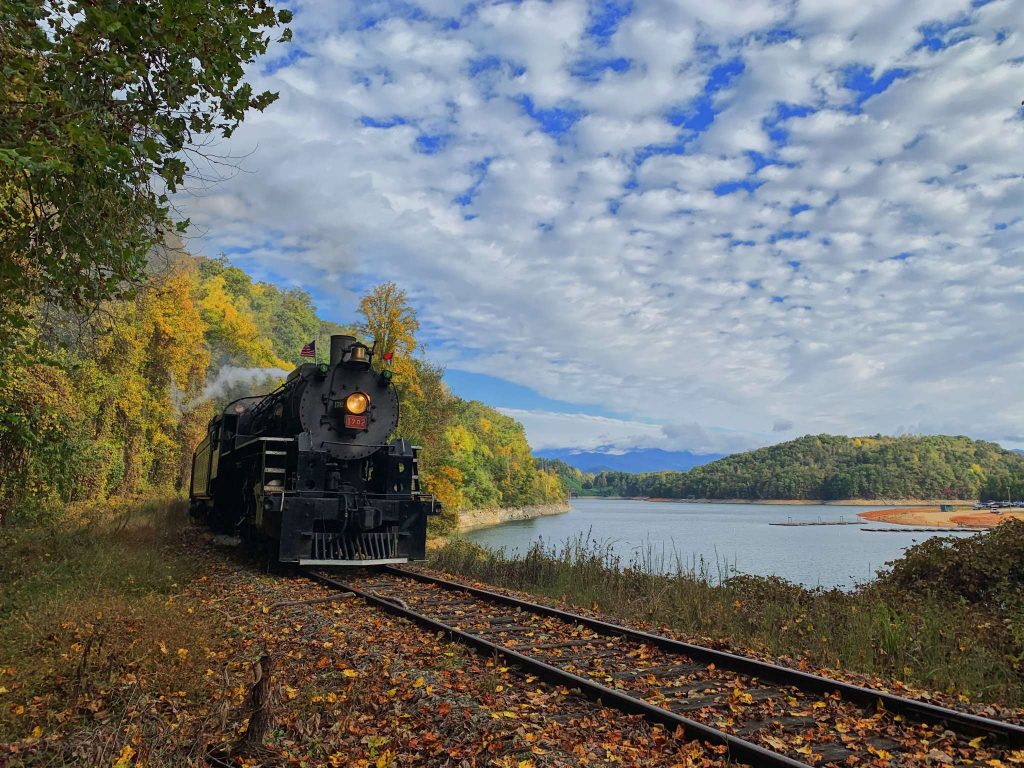 The Great Smoky Mountains Railroad passes by Fontana Lake