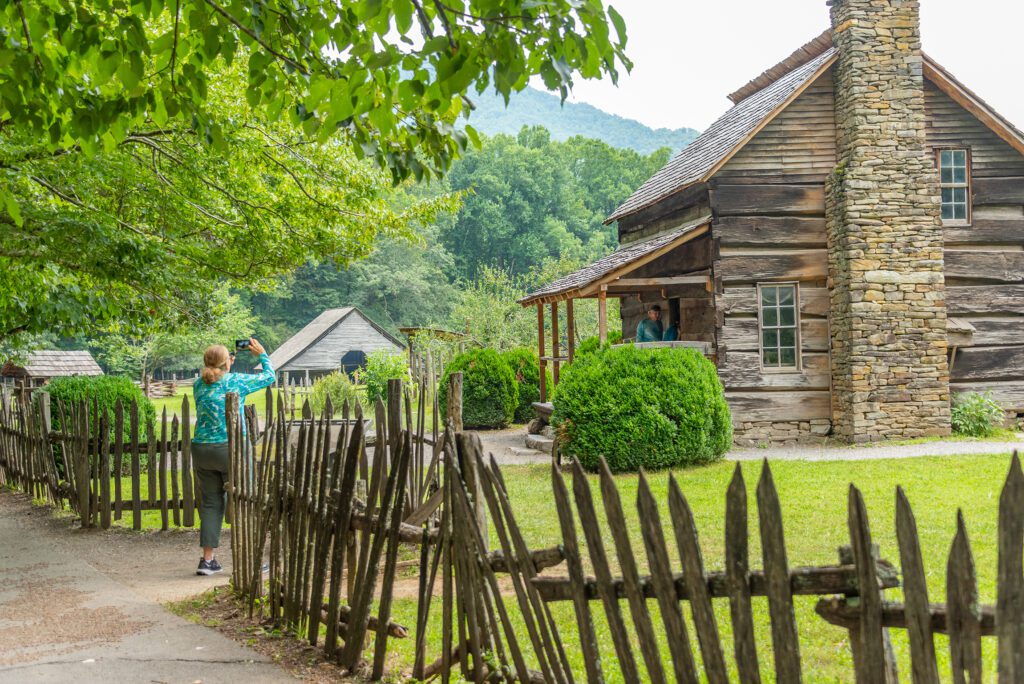 Visitors at the Oconaluftee Visitor Center and river trail.