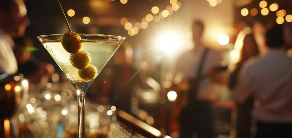 Close up of a dirty martini while people enjoy live music in the background.