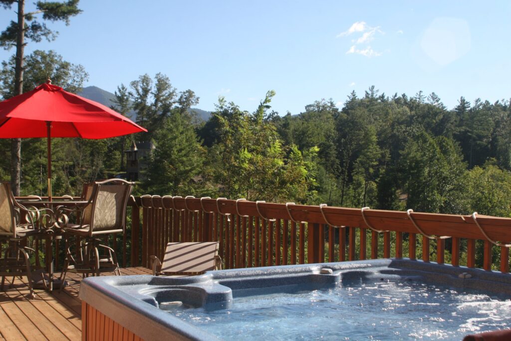 A hot tub at Buffalo Creek Vacations in Haywood County, NC.